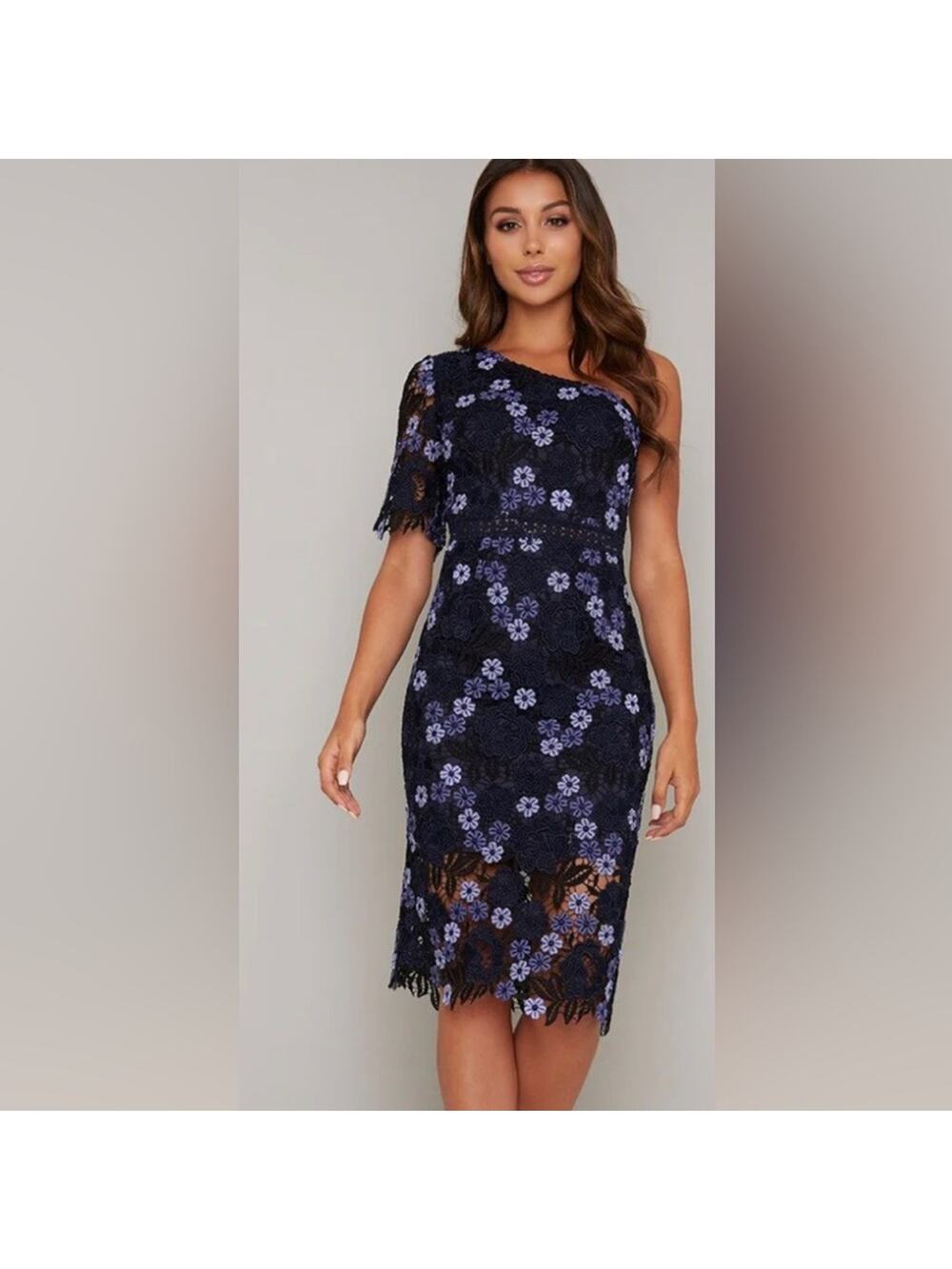 Chi Chi London Lenka Periwinkle Lace One Shoulder Cocktail Midi Dress Sz 12 NWT